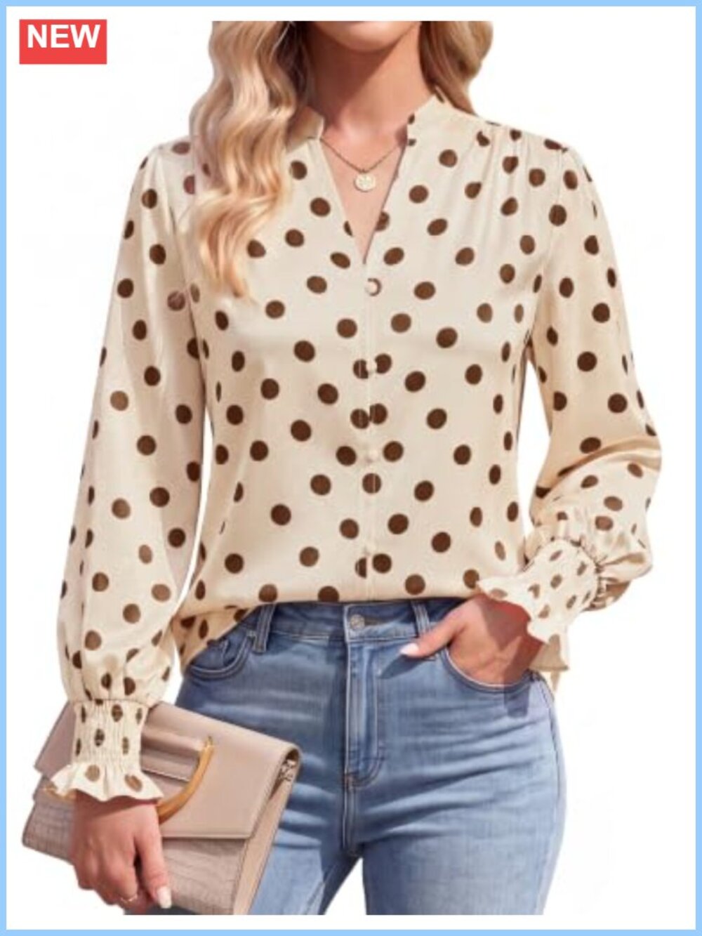 Polka Dot V Neck Button Down Blouse Long Sleeve Smocked Cuffs Work Top